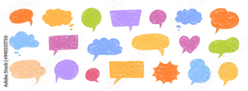 Crayon talk speech balloon frame doodle vector. Hand drawn crayon doodle speech cloud bubble set. Chalk texture sketch text talk cloud balloon frame background. Vector illustration.