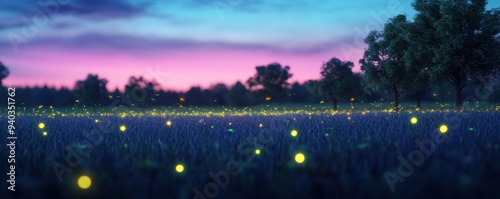 A magical twilight scene showcasing a meadow filled with glowing fireflies against a colorful sunset sky.