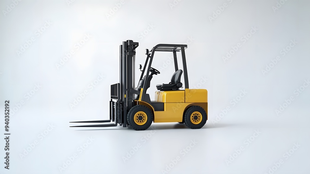 A forklift centered on a clean white background, with no distractions, showcasing the vehicle's design and functionality A forklift centered on a clean white background, with no distractions, showcasing the vehicle's design and functionality