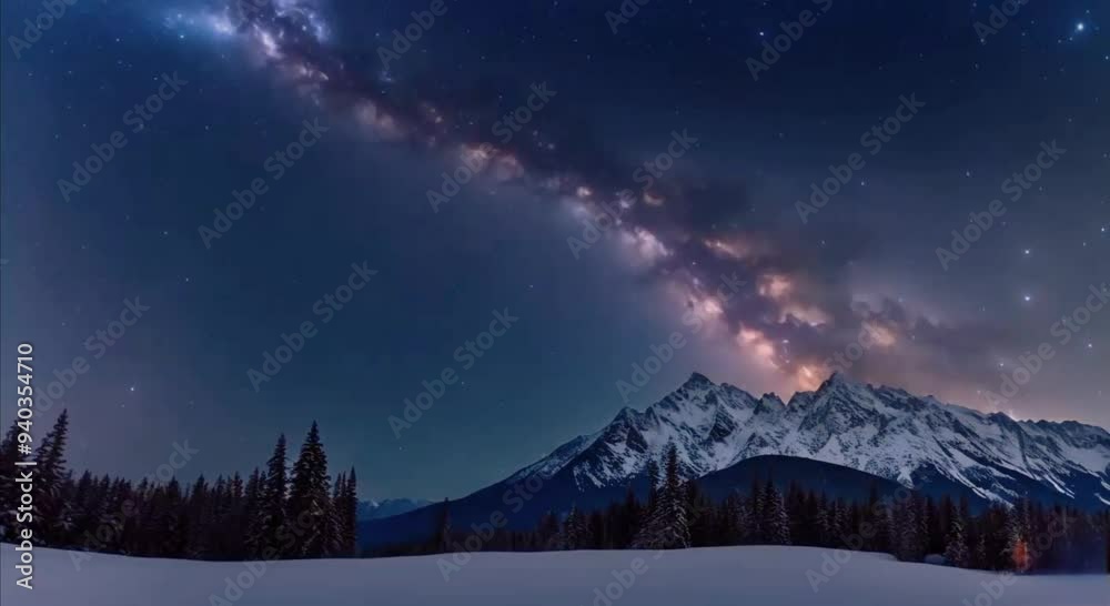 Milky Way galaxy over snowy mountain range at night.
Milky Way galaxy over snowy mountain range at night.