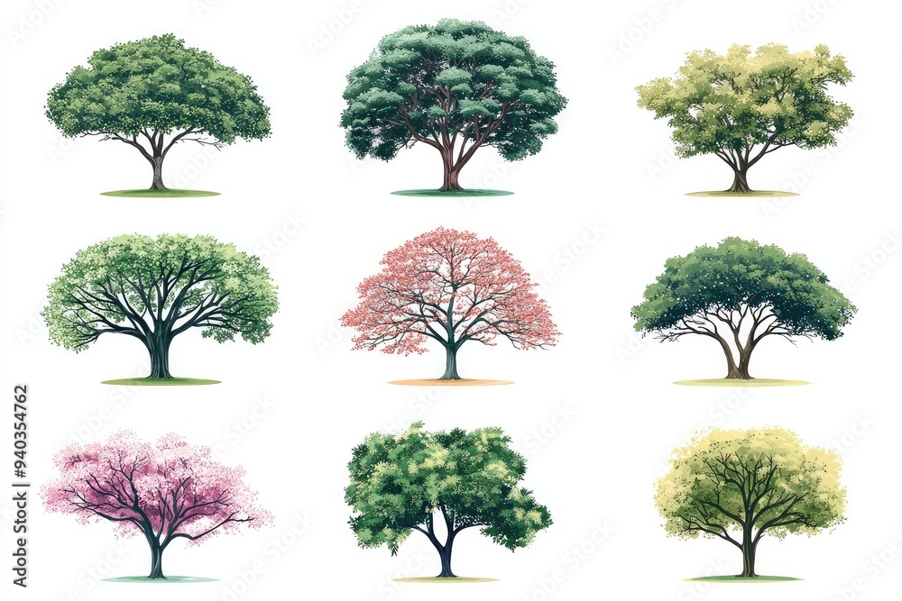 Fototapeta premium Collection of colorful tree illustrations for nature themes