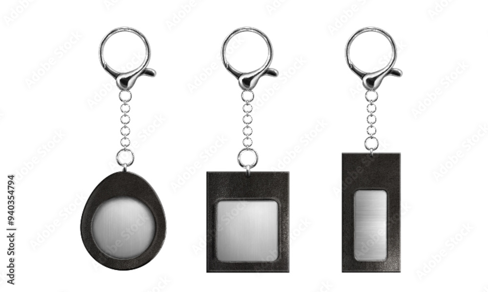 Keychain mockup with silver ring, string and metal with leather pendant. Realistic 3d vector illustration set of chrome key holder with round, square and rectangular charm for accessory branding. Keychain mockup with silver ring, string and metal with leather pendant. Realistic 3d vector illustration set of chrome key holder with round, square and rectangular charm for accessory branding.