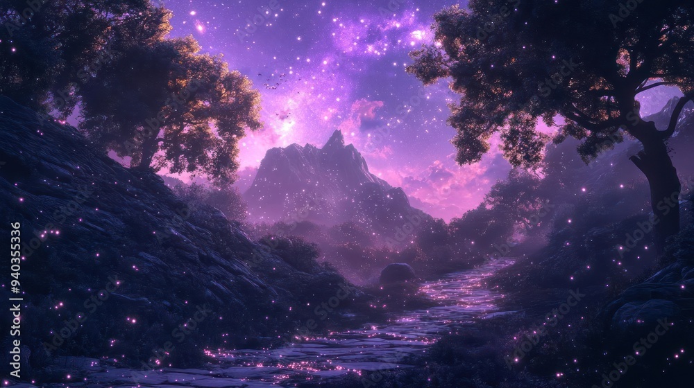 A breathtaking image capturing a serene nighttime landscape under the purple hues of the sky. A breathtaking image capturing a serene nighttime landscape under the purple hues of the sky.