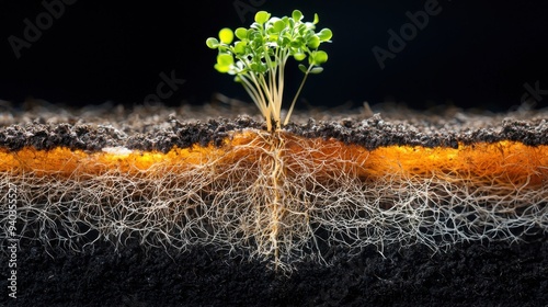 Close-up of a garden soil cross-section showing mycorrhizal fungi networks intertwining with plant roots, emphasizing the symbiotic relationship
