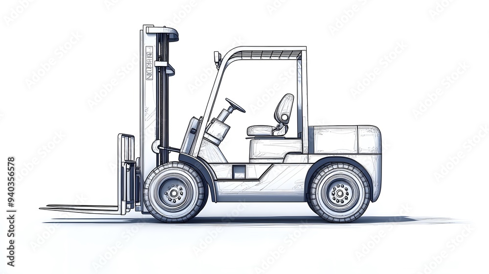 A side view of a forklift on a plain white background, highlighting the contours and mechanical details of the vehicle A side view of a forklift on a plain white background, highlighting the contours and mechanical details of the vehicle