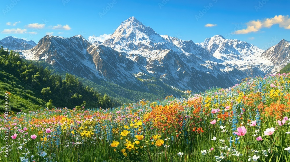 Obraz premium Serene mountain meadow with wildflowers in full bloom, snow-capped peaks in the background under a clear blue sky