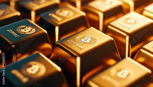 A close-up of golden bars, emblazoned with Bitcoin symbols, representing cryptocurrency wealth and digital assets. photo