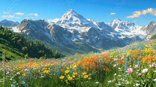 Serene mountain meadow with wildflowers in full bloom, snow-capped peaks in the background under a clear blue sky