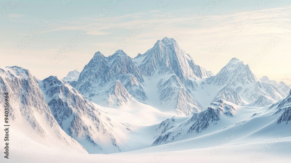Obraz premium Snow-covered mountain range under a pale winter sky, tranquil and serene alpine landscape scene