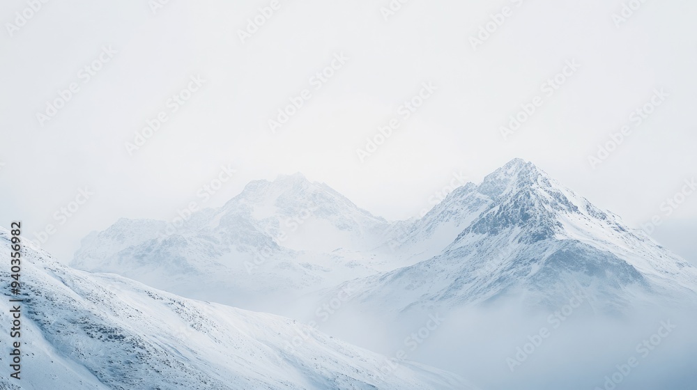 Obraz premium Snow-covered mountain range under a pale winter sky, tranquil and serene alpine landscape scene