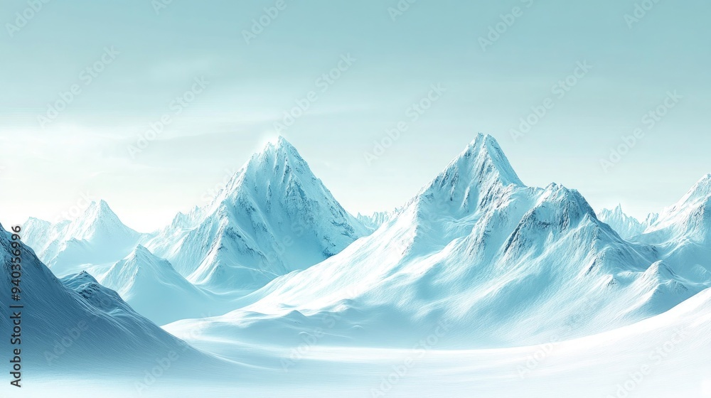 Snow-covered mountain range under a pale winter sky, tranquil and serene alpine landscape scene under a clear blue sky Snow-covered mountain range under a pale winter sky, tranquil and serene alpine landscape scene under a clear blue sky