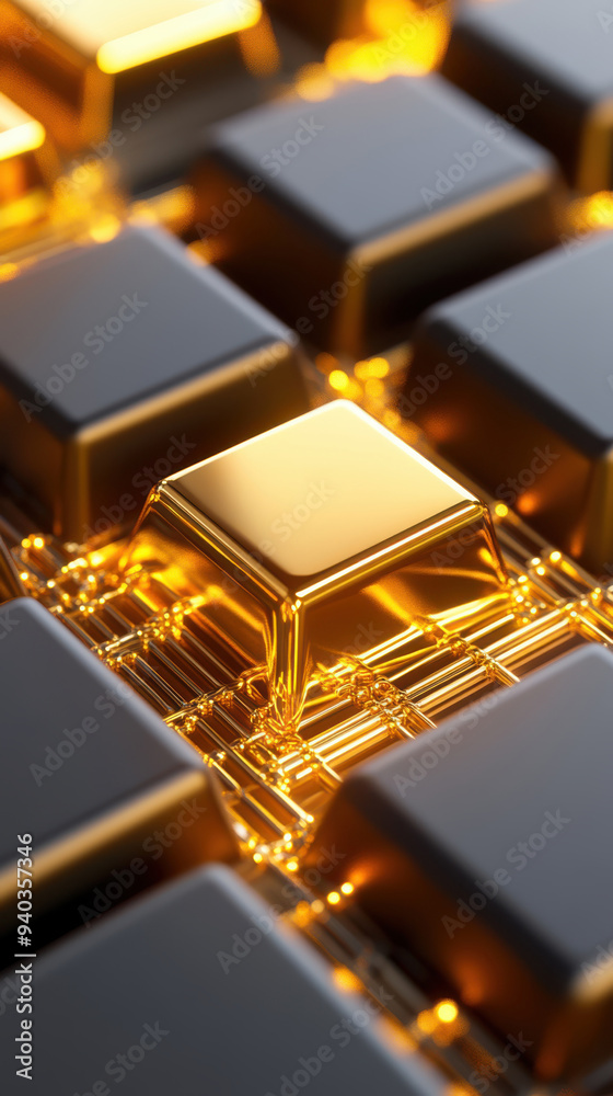 Close-up of a futuristic keyboard with a shiny golden key surrounded by sleek black keys, symbolizing technology and innovation. Close-up of a futuristic keyboard with a shiny golden key surrounded by sleek black keys, symbolizing technology and innovation.