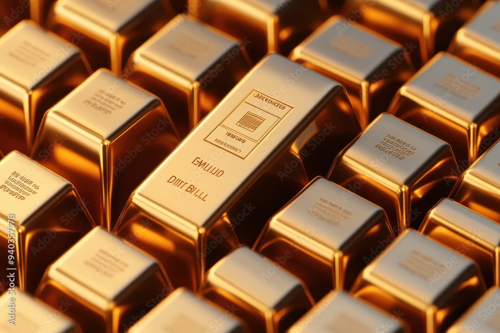Close-up of gleaming gold bars stacked neatly, showcasing wealth and luxury in a secure environment. Close-up of gleaming gold bars stacked neatly, showcasing wealth and luxury in a secure environment.
