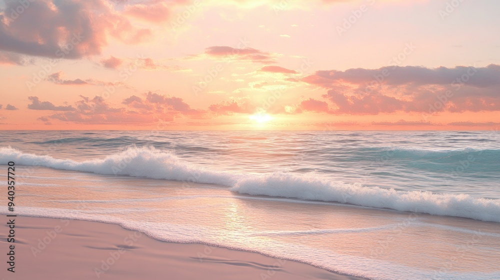 Obraz premium Sunset over a tranquil beach with gentle waves lapping at the shore, soft pink and orange hues in the sky, peaceful coastal landscape