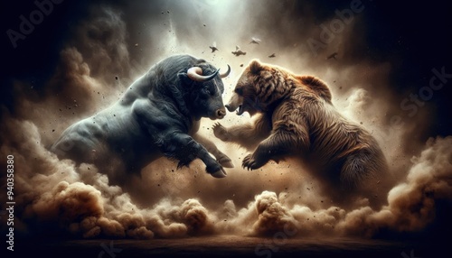 A ferocious clash between a mighty bull and a fearsome grizzly bear, surrounded by clouds of dust and debris, their powerful bodies locked in mortal combat, fierce expressions capturing the raw primal photo