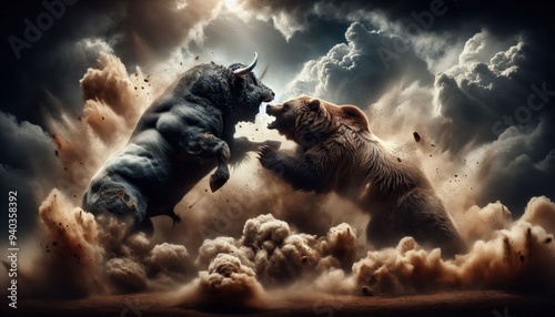 A ferocious clash between a mighty bull and a fearsome grizzly bear, surrounded by clouds of dust and debris, their powerful bodies locked in mortal combat, fierce expressions capturing the raw primal photo