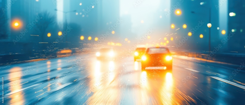 Fototapeta premium A moody cityscape at night with glowing lights and rain-soaked streets, capturing the essence of urban life in rainy weather.