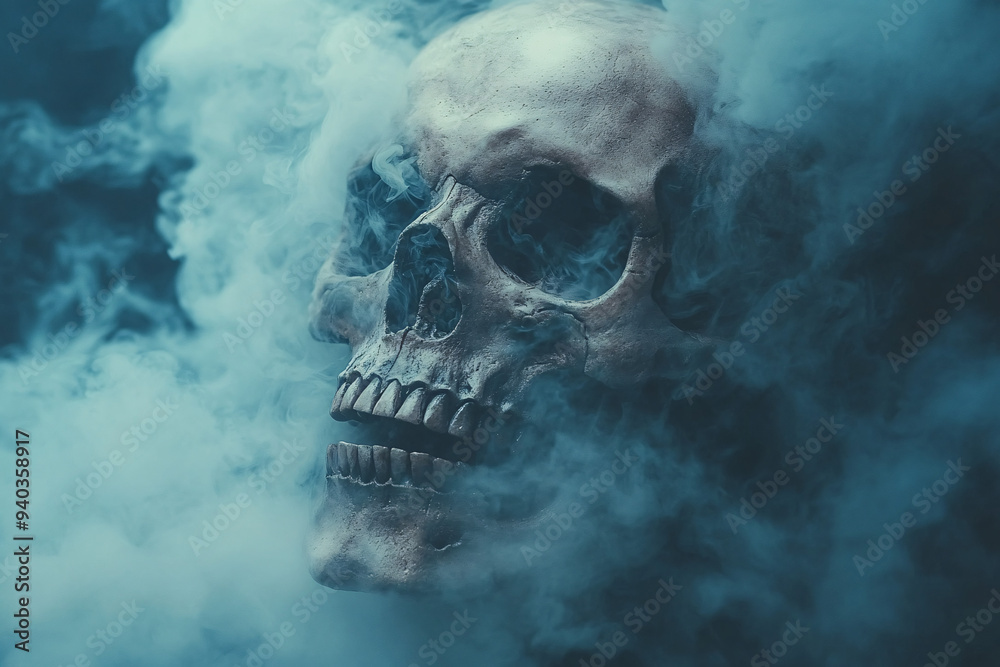 A scary skull emerging from a cloud of smoke, halloween concept, spooky and mysterious atmosphere. A scary skull emerging from a cloud of smoke, halloween concept, spooky and mysterious atmosphere.