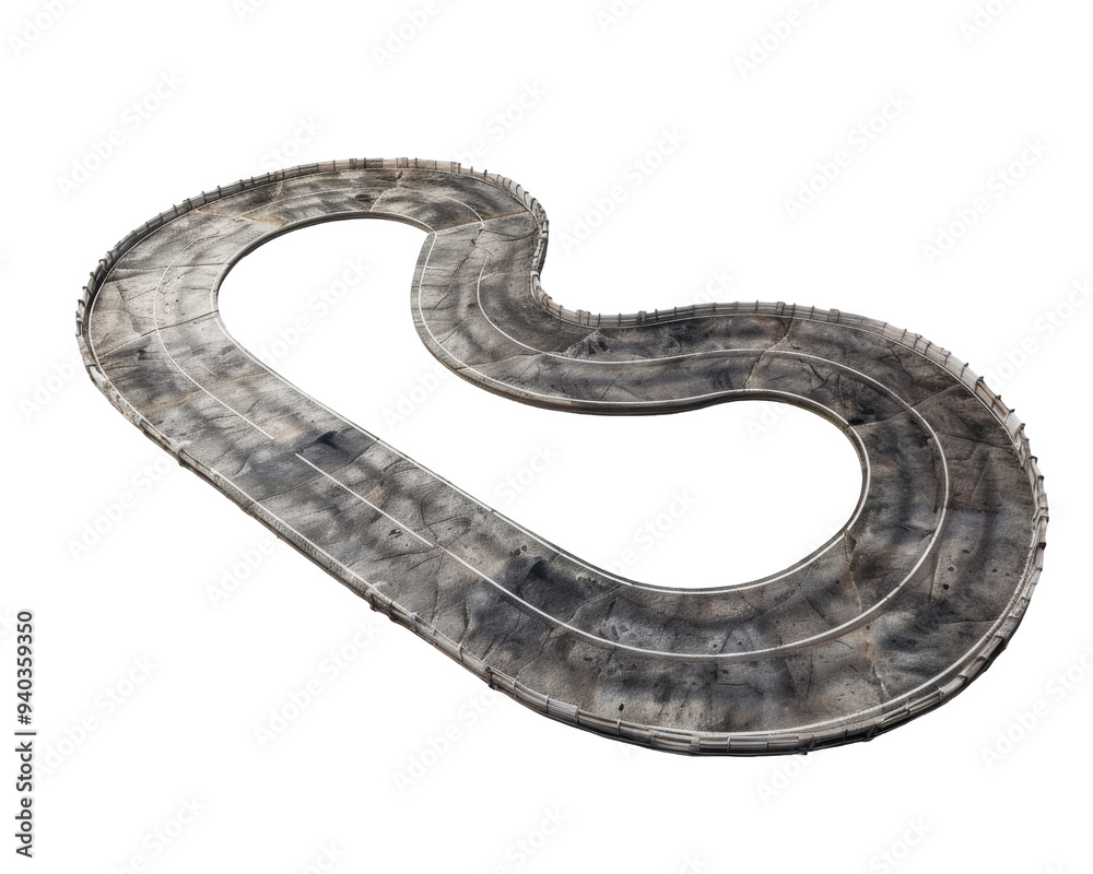A winding racetrack designed for slot cars or miniature racing. A winding racetrack designed for slot cars or miniature racing.