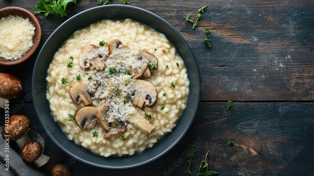 Top view of a bowl of creamy risotto with mushrooms and parmesan on a dark wooden table, Italian cuisine Top view of a bowl of creamy risotto with mushrooms and parmesan on a dark wooden table, Italian cuisine