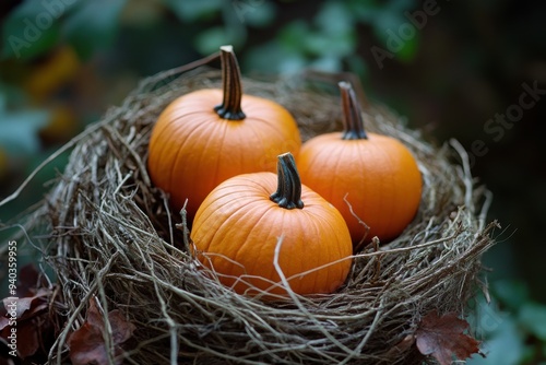 Pumpkins in a Nest on a Tree, Unique Halloween Decoration in Nature
