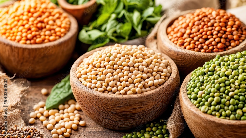 A variety of colorful lentils in wooden bowls, surrounded by fresh herbs, perfect for healthy cooking and vibrant meals. A variety of colorful lentils in wooden bowls, surrounded by fresh herbs, perfect for healthy cooking and vibrant meals.