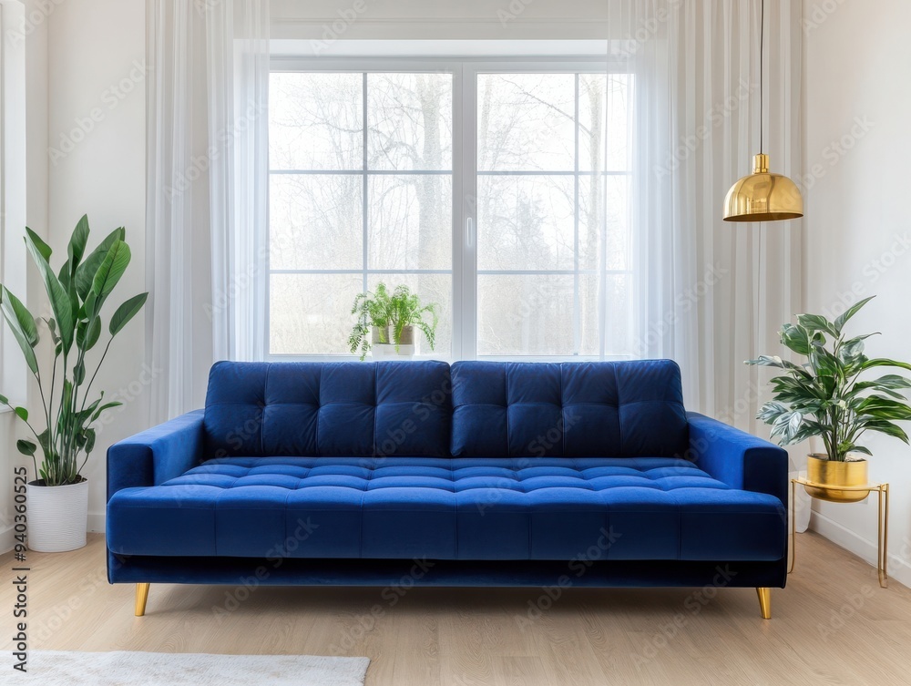 Fototapeta premium Stylish blue sofa in a bright living room with natural light and indoor plants, offering a modern and cozy atmosphere.