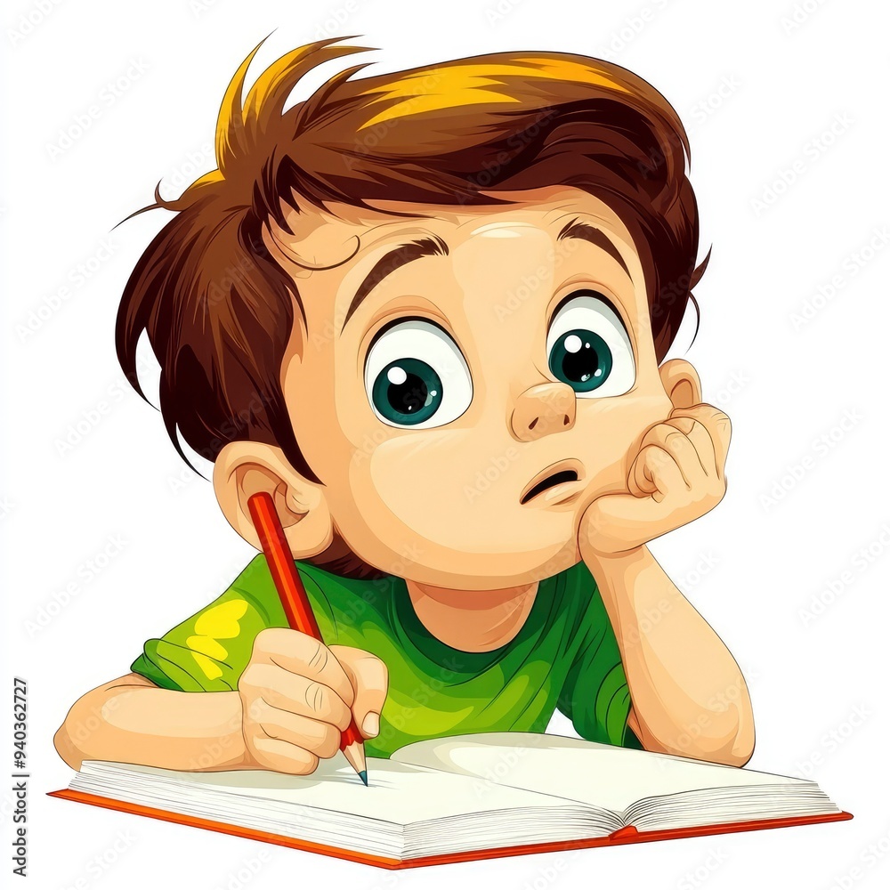Boy Writing in Notebook, Thinking, Studying, Imagination Boy Writing in Notebook, Thinking, Studying, Imagination
