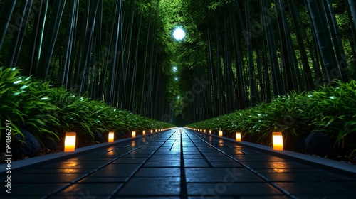 A 3D bamboo forest with soft lighting, symbolizing the natural beauty of Japan.