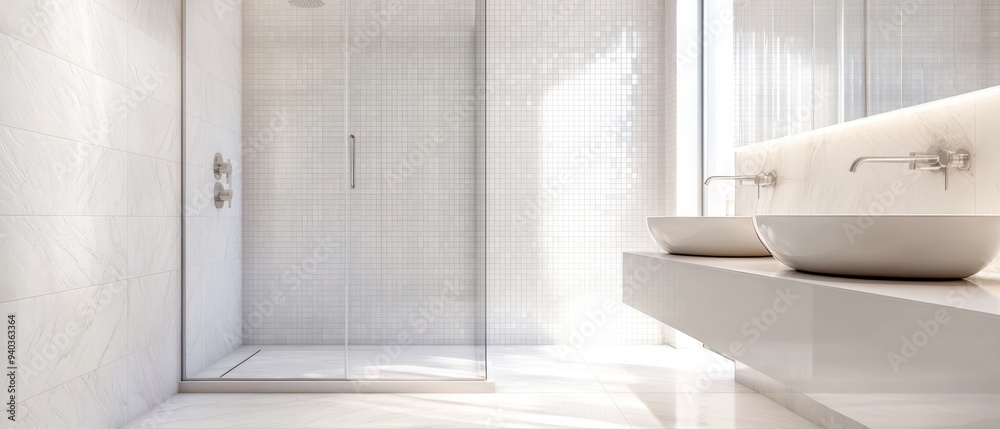 Fototapeta premium Modern bathroom interior with elegant shower, sleek sinks, and bright natural light enhancing the clean design.