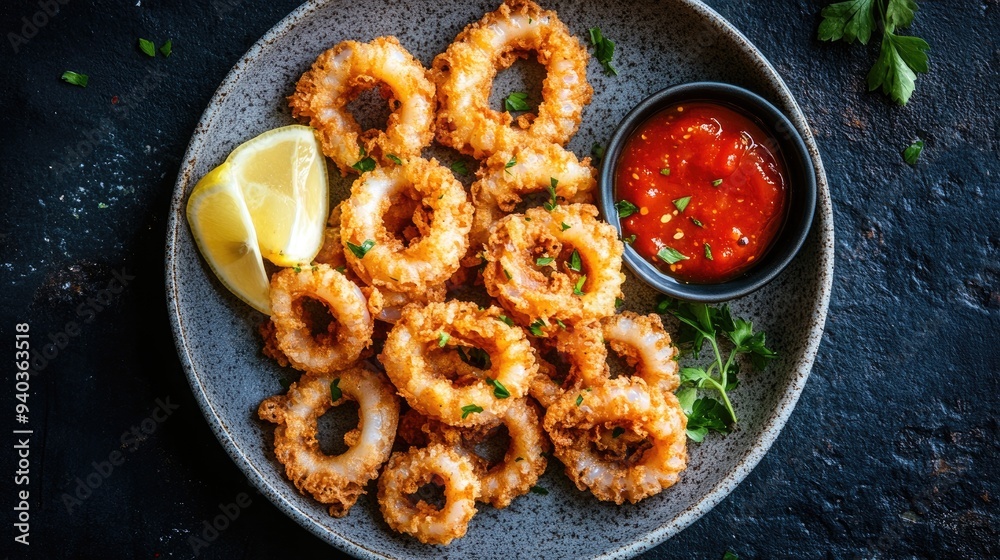 Naklejka premium Top view of a plate of crispy calamari with lemon wedges and marinara sauce on a dark rustic background