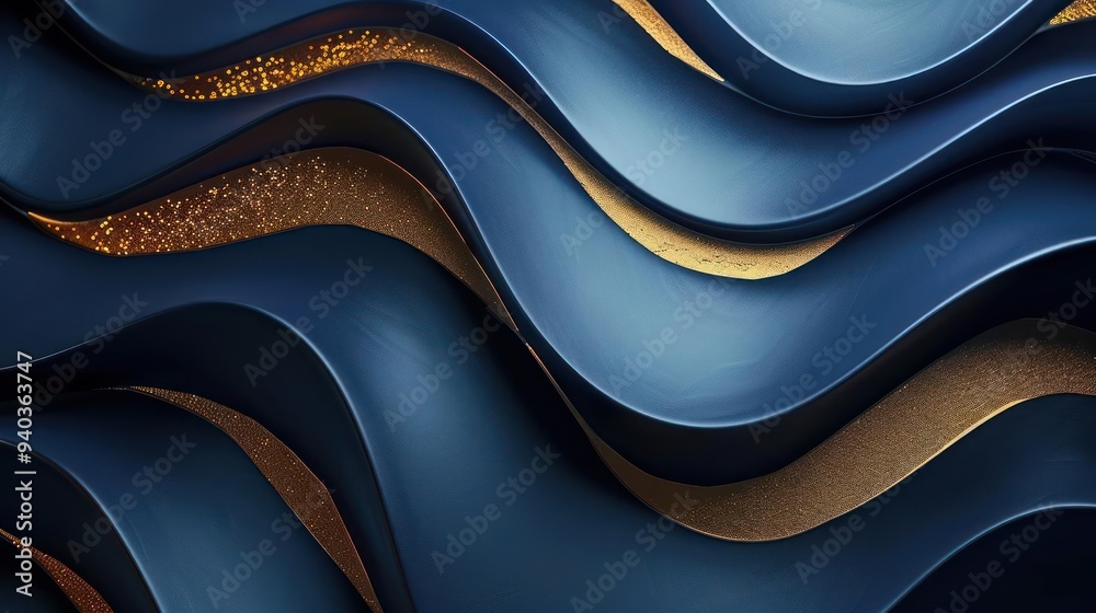 A modern and abstract wall sculpture with a wave-like texture in metallic shades of black, gold,