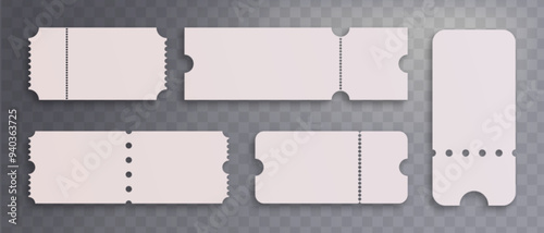 Blank entry tickets set isolated on transparent background. Vector realistic illustration of white coupon mockup with empty space for design, admission card for concert, theater event, discount offer