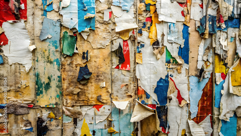 Fototapeta premium vibrant tapestry of peeling posters on a weathered wooden wall, showcasing the raw beauty of urban decay and the enduring power of art texture abstract background 
