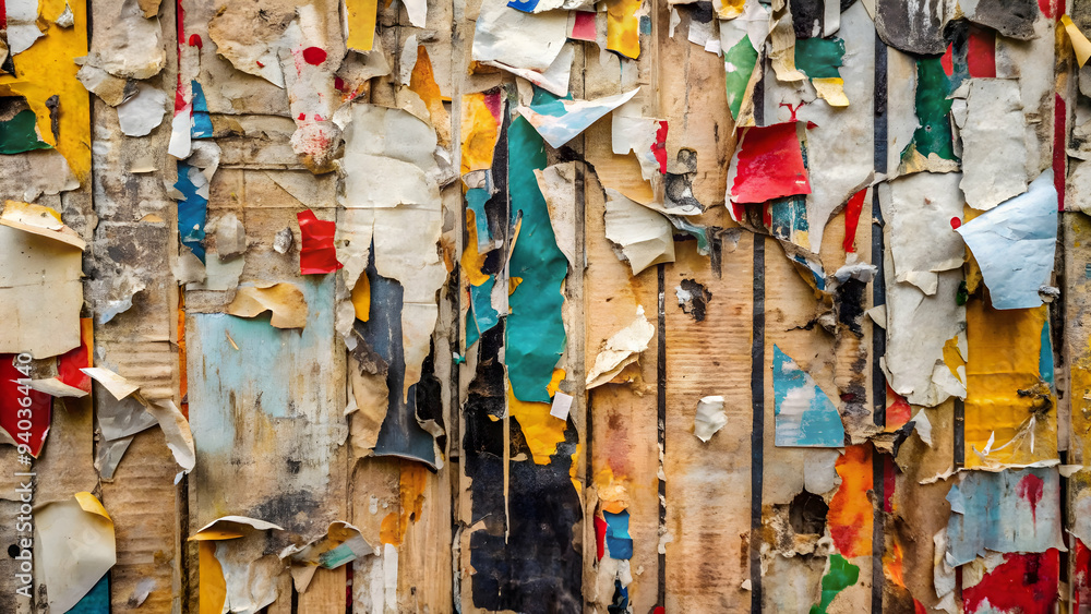 textured wall adorned abstract with faded, background peeling posters, evoking a sense of nostalgia and the ephemeral nature of street art.