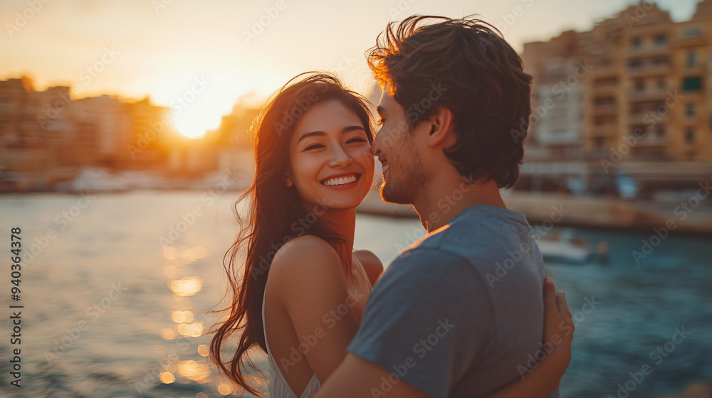 A couple embraces each other on a pier with a city skyline in the sunset background. A couple embraces each other on a pier with a city skyline in the sunset background.