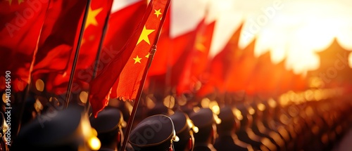 A grand parade in Tiananmen Square with Chinese flags and communist symbols, bright red banners, large crowds, photorealistic, patriotic atmosphere, focus on national pride