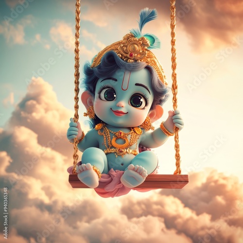 baby lord Krishna sitting on swing in the sky photo