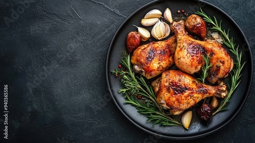 Top view of a plate of roasted chicken with garlic and rosemary on a dark stone surface, comforting dinne photo