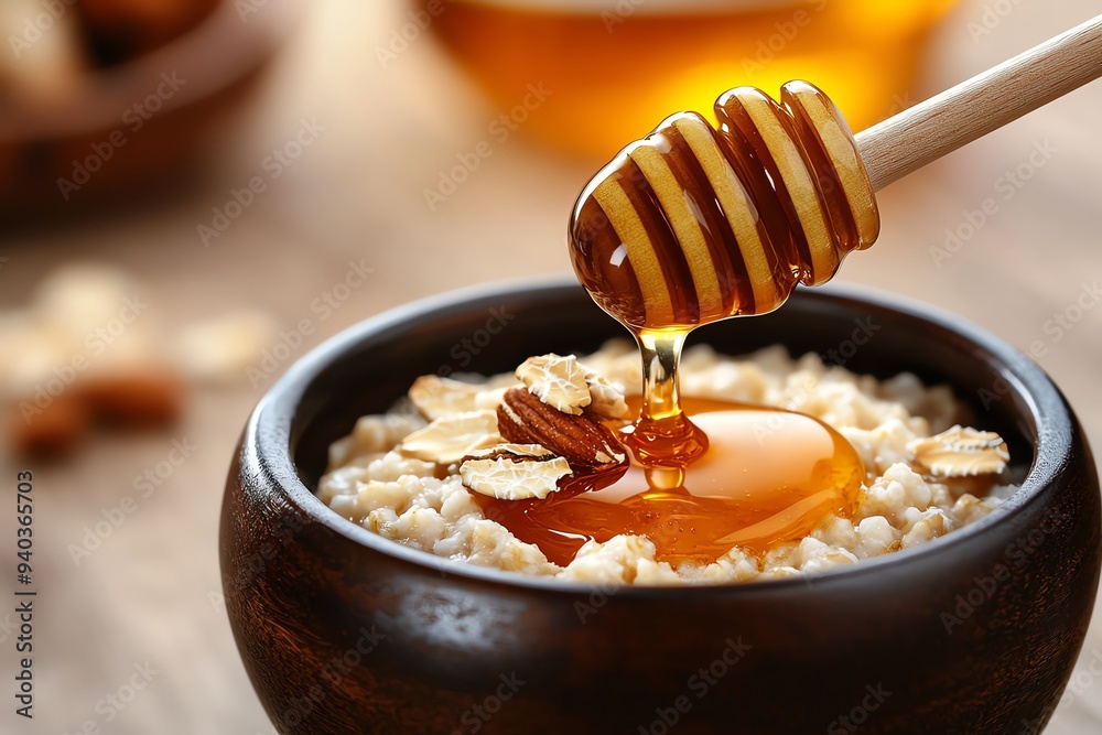 A spoon of honey poised over a bowl of oatmeal, with the golden syrup about to mix into the warm, hearty breakfast A spoon of honey poised over a bowl of oatmeal, with the golden syrup about to mix into the warm, hearty breakfast