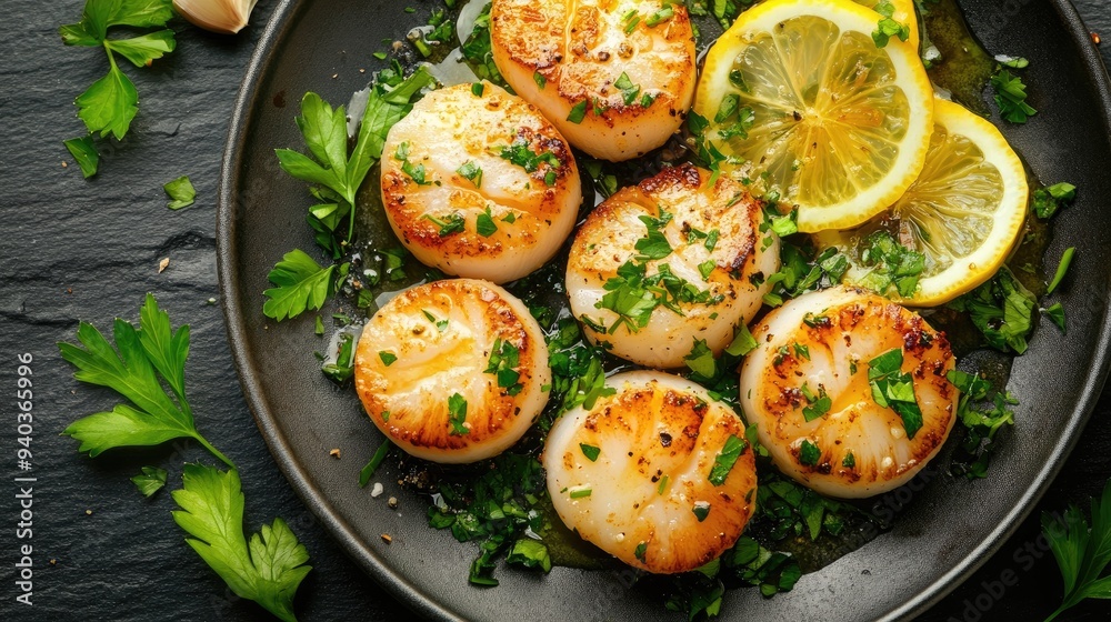 Top view of a plate of seared scallops with lemon butter sauce and fresh herbs on a dark slate surface
