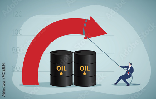 Decline in oil and gas prices. Fuel price ceiling. Limiting the rise in energy prices. Politician prevents huge arrow from growing upwards. vector illustration