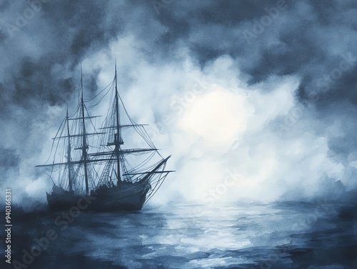 Ghost ship, sailing through a stormy night, spectral glow, Watercolor style