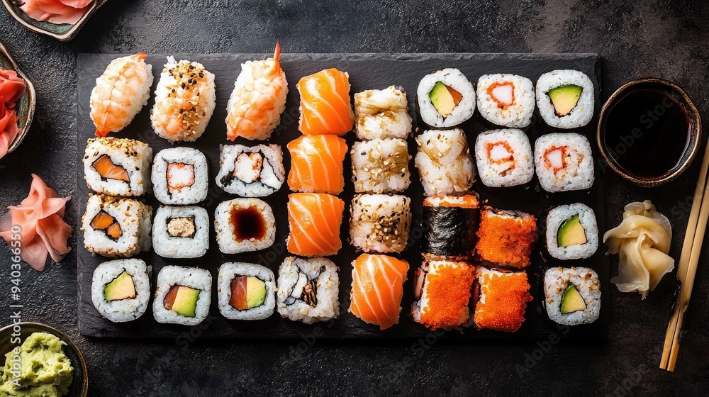 Top view of a platter of assorted sushi rolls with soy sauce and pickled ginger on a dark slate background Top view of a platter of assorted sushi rolls with soy sauce and pickled ginger on a dark slate background