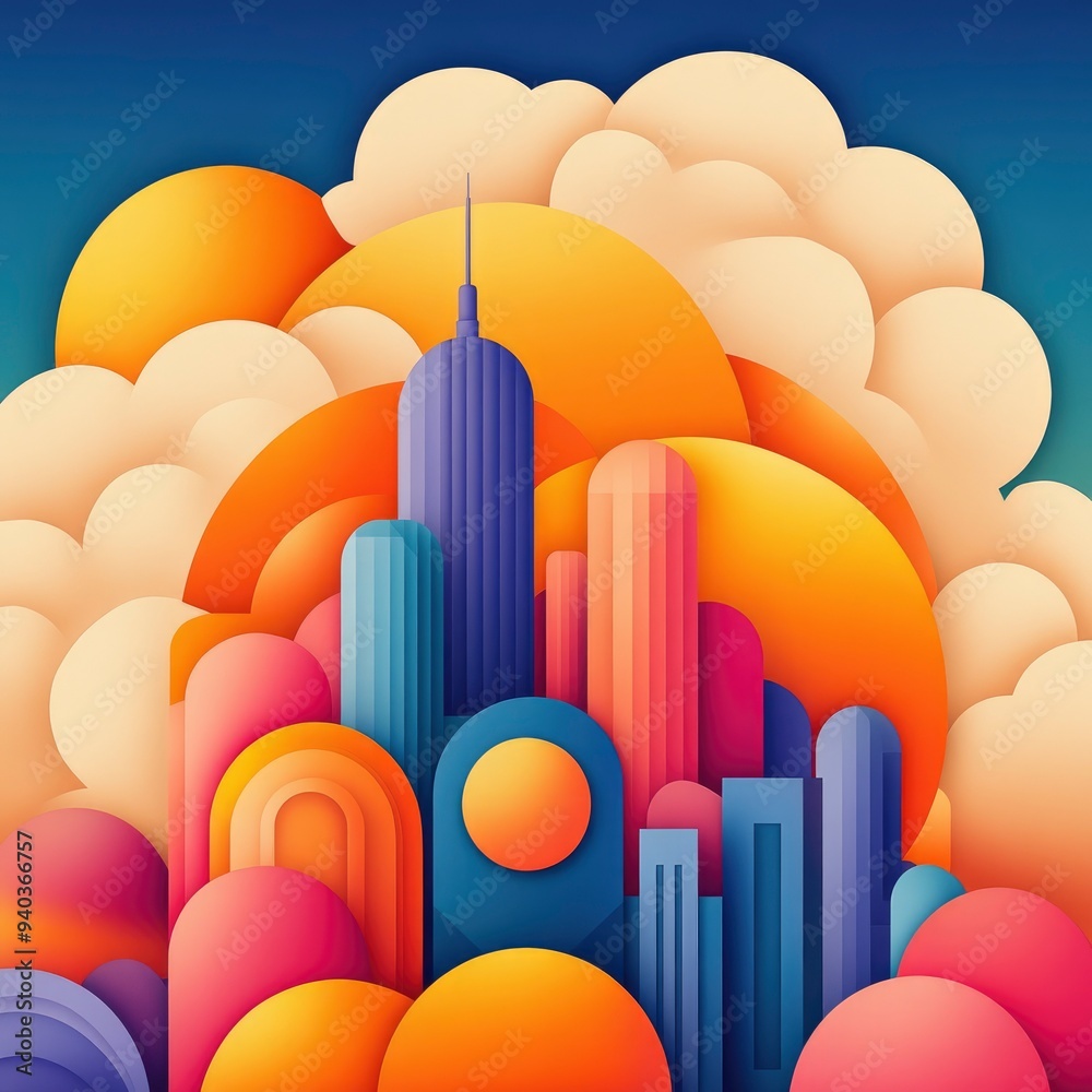Abstract Cityscape with Colorful Buildings and Clouds Abstract Cityscape with Colorful Buildings and Clouds