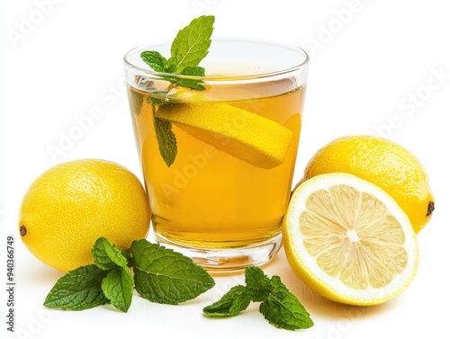 Refreshing Herbal Tea Concept with Lemon Slices and Mint on White Background under Studio Lighting, Generative Ai