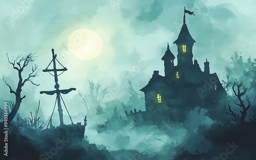 Haunted pirate hideout, glowing treasure, eerie mist, Watercolor style