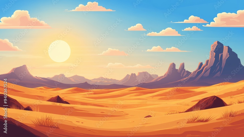 Naklejka premium Vast desert landscape with rolling sand dunes and distant rocky outcrops, endless horizon under a hot sun