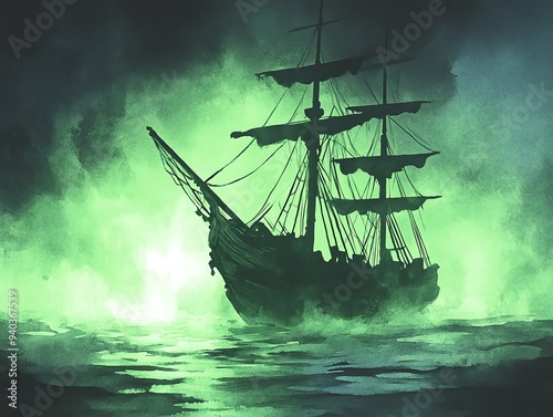 Pirate ghost ship, navigating through cursed waters, spectral glow, Watercolor style