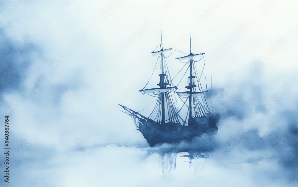 Ghostly pirate ship, emerging from the depths, eerie fog, Watercolor style Ghostly pirate ship, emerging from the depths, eerie fog, Watercolor style